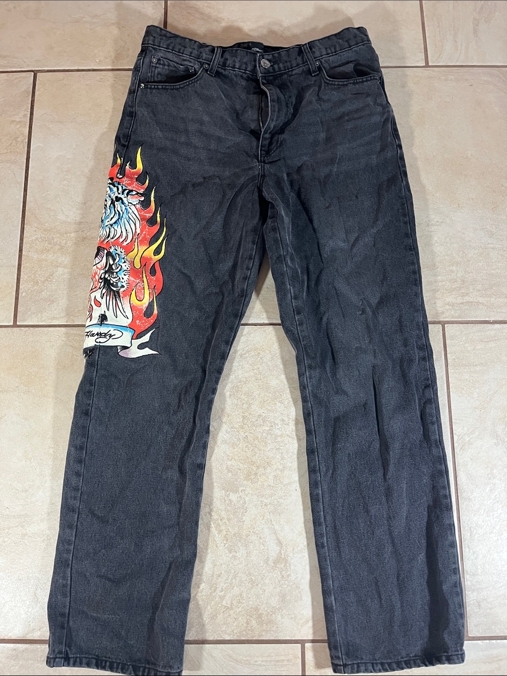 Ed Hardy Men's Black Straight Jeans LP with Flame Tiger Graphic